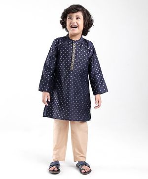 Babyhug Woven Full Sleeves Foil Printed Kurta Pyjama Set - Navy Blue