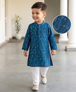 Babyhug Woven Full Sleeves Mirror Embroidered Kurta Payjama Set-Teal Blue