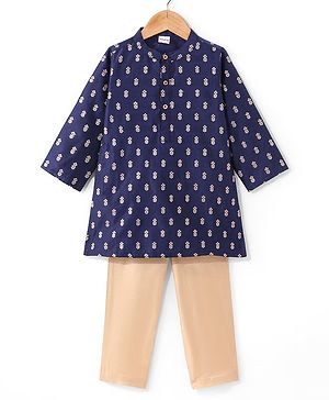 Babyhug Woven Full Sleeves Floral Embroide Kurta Payjama Set - Navy Blue