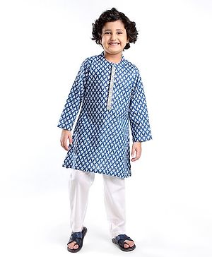 Babyhug Cotton Woven Full Sleeves Printed Kurta - Blue