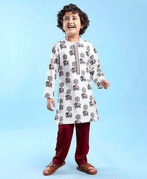 Babyhug 100% Cotton Woven Full Sleeves Elephant Printed Kurta Pyjama Set-White