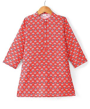 Babyhug 100% Cotton Woven Full Sleeves Kurta Floral Print - Orange
