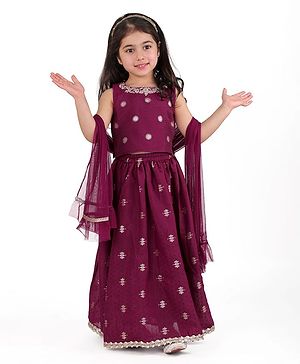 Babyhug Woven  Sleeveless Chanderi Butti Floral Emboirdered Choli Lehenga with Dupatta Set - Wine