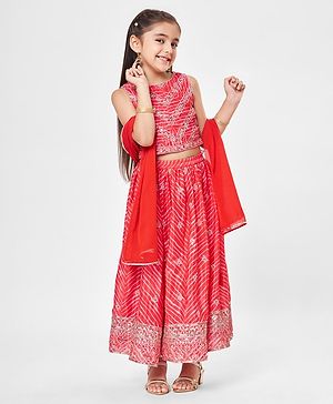 Babyhug Chiffon Woven Sleeveless Sequined and Embroidered Choli and Lehenga with Dupatta - Coral