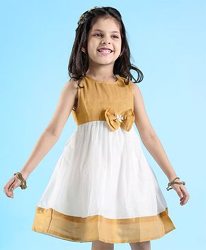 Babyhug Woven Sleeveless Gold Border Ethnic Dress With Bow Applique - White & Golden