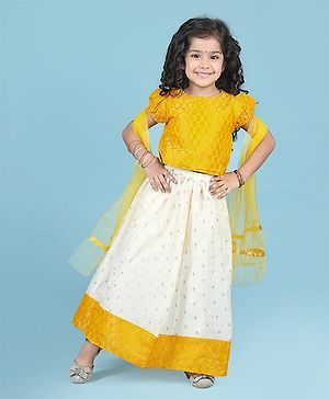 Babyhug Half Sleeves Choli & Pattu Pavada Lehenga with Dupatta Set With Zari Design-Yellow & Ivory