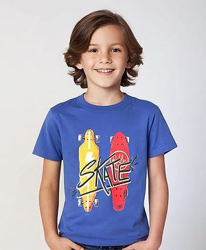 Pine Kids Cotton Knit Half Sleeves T-Shirt Skateboard Print - Dazzling Blue