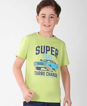 Pine Kids Cotton Half Sleeves T-Shirt Super Car Print - Wild Lime