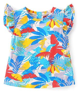 Babyhug 100% Cotton Knit Frill Sleeves Top with Leafy Print & Frill Detailing - Multicolour