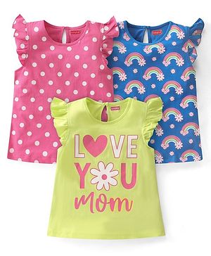 Babyhug Cotton Knit Sleeveless Top with Frill Detailing Polka Dot Graphic Pack of 3 - Pink Blue & Green