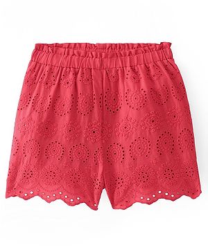 Pine Kids Cotton Woven Mid Thigh Length Schiffli Shorts-Pink