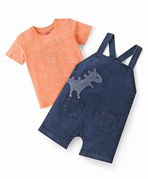 Babyhug Single Jersey Woven Dino Patch Dungaree & Half Sleeves T-Shirt - Peach & Blue