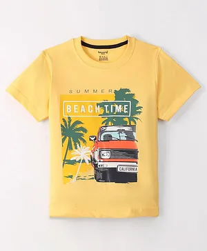 Smarty Boys Cotton Knit Half Sleeves T-Shirt Beach Theme Print -Yellow