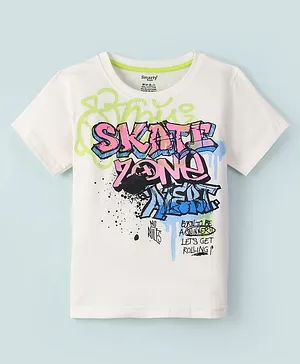 Smarty Boys Cotton Knit Half Sleeves T-Shirt Text Print- Pearl White