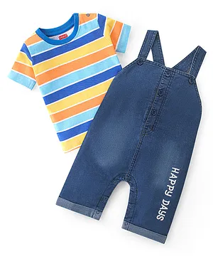Babyhug Single Jersey Woven Dungaree with  Half Sleeves Striped T-Shirt - Multicolour