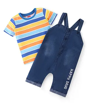 Babyhug Single Jersey Woven Dungaree with  Half Sleeves Striped T-Shirt - Multicolour