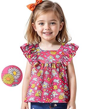 Babyhug Cotton Knit Frill Sleeves Floral Printed Cropped Top - Pink