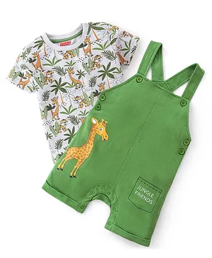 Babyhug 100% Cotton Knit Dungaree and Half Sleeves T-Shirt Set Animal Print - White & Green