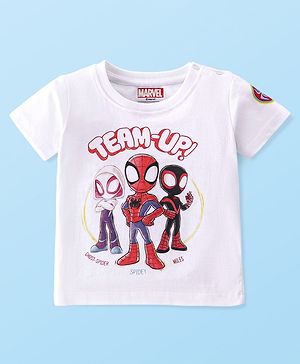 Babyhug Marvel 100% Cotton Knit Half Sleeves T-Shirt with Front and Back Spider-man Graphics - White