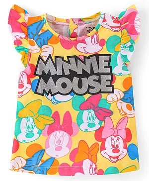 Babyhug Disney 100% Cotton Knit Frill Sleeves Top with with Minnie Mouse Print - Yellow
