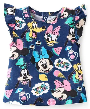 Babyhug Disney 100% Cotton Knit Half Sleeves Top With Minnie Mouse Print & Frill Detailing - Navy Blue