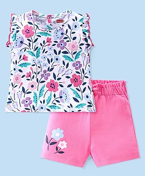 Babyhug 100% Cotton Knit Flutter Sleeves Top & Shorts With Floral Print - Pink