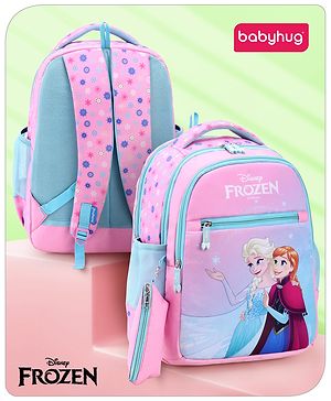 Babyhug Disney Frozen Sisters School Backpack with Pencil Pouch|2 Main Compartments, 2 Front Pockets, 2 side Bottle Pockets|Water Resistant|Long lasting and Durable Zippers | Comfortable back cushioning | For School, Travel and Outdoors|Blue- 15.8 in