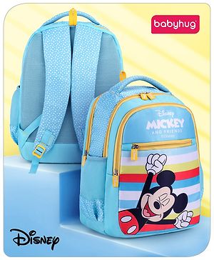 Babyhug Disney Mickey Mouse School Backpack|2 Main Compartments, 2 Front Pockets, 2 side Bottle Pockets|Water Resistant|Long lasting and Durable Zippers | Comfortable back cushioning | For School, Travel and Outdoors|Blue- 15.8 inches
