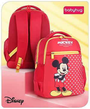 Babyhug Disney Mickey Mouse School Backpack|2 Main Compartments, 1 Front Pocket, 2 side Bottle Pockets|Water Resistant|Long lasting and Durable Zippers | Comfortable back cushioning | For School, Travel and Outdoors|Red- 15.8 inches
