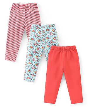 Babyhug Cotton Lycra Knit Full Length Leggings Striped Solid & Floral Print  Pack of 3 - Multicolour