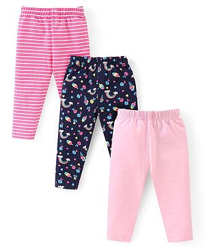Babyhug Cotton Lycra Knit Full Length Leggings Striped Solid & Rainbow Print Pack of 3 - Multicolour