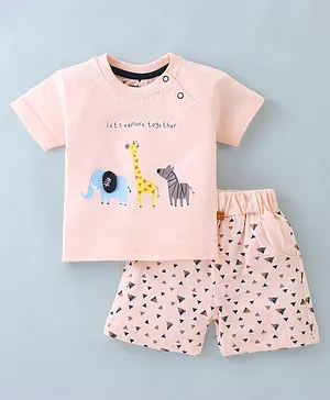 Mini Taurus Cotton Half Sleeves T-Shirt & Shorts With Animal Print - Peach