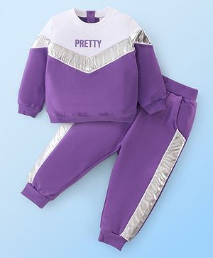 Babyhug Terry Knit Full Sleeves T-Shirt & Lounge Pant Text Print - Pink & Purple