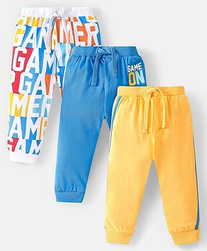 Babyhug Cotton Knit Full Length Track Pant Basketball Print Pack of 3 - Blue Yellow & White