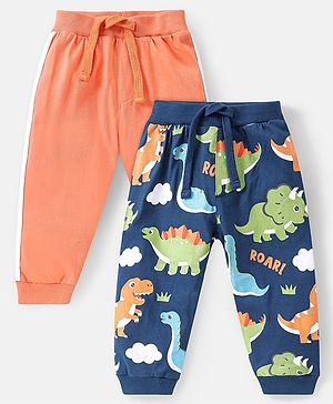 Babyhug Cotton Knit Full Length Track Pants Solid & Dino Print  Pack of 2 - Multicolor