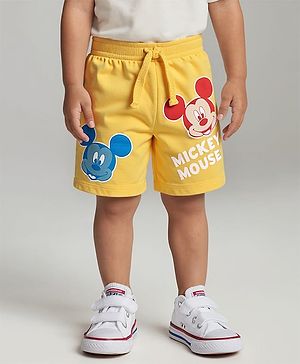 Babyhug Disney Cotton Knit Shorts with Mickey Mouse Graphics - Yellow