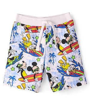 Babyhug Disney Cotton Terry Knit Knee Length Shorts With Mickey Mouse Print - Blue