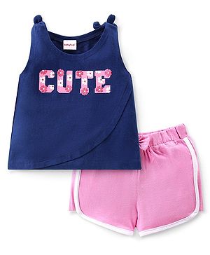 Babyhug Cotton Knit Sleeveless Top & Shorts Set with Floral Text Print - Navy Blue & Pink