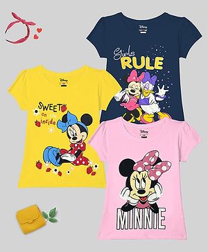 KUCHIPOO Disney Featuring Pack Of 3 Half Sleeves Minnie Mouse & Daisy Duck Girls Rule Printed Tees - Yellow Pink & Blue