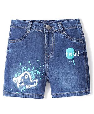 Bonfino Cotton Knee Length Denim Washed Shorts with Dino & Text Print - Blue