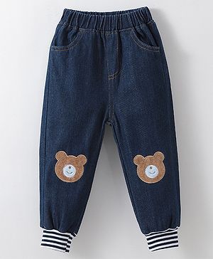 Kookie Kids Cotton Full Length Jeans with Bear Embroidery - Blue