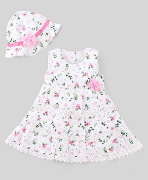 Babyhug 100% Cotton Woven Sleeveless Frock With Cap Floral Print - Pink