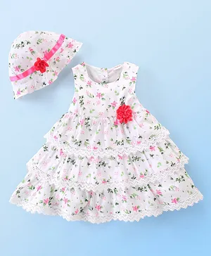 Babyhug 100% Cotton Woven Sleeveless Frock With Cap Floral Print - Pink