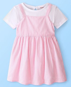 Babyhug Woven Yarn Dyed Striped Singlet Frock with Half Sleeves Knitted Inner Tee - Pink & White