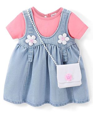 Babyhug 100% Cotton Denim Woven Frock & Knit Half Sleeves Inner T-Shirt with Hand Bag - Blue & Pink