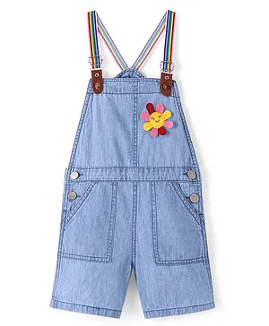 Bonfino 100% Cotton Woven Sleeveless Multi Color Strap Dungaree with Floral Patch - Blue
