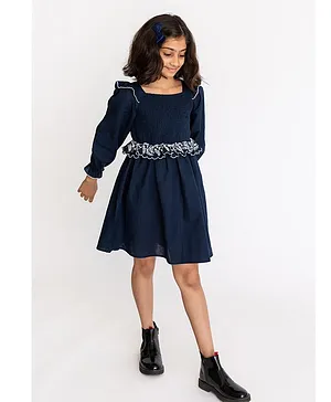 A Little Fable Full Sleeves Smocked Detailed & Floral Embroidered Flared Dress - Navy Blue