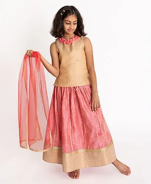 A Little Fable Full Sleeves Floral Applique Detailed & Printed Chanderi Lehenga Set - Gold & Pink