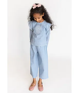 A Little Fable Full Sleeves Floral Embroidered Top & Pant Set - Blue
