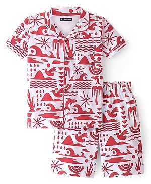Pine Kids Knit Half Sleeves Night Suit With Beach Print - Snow White